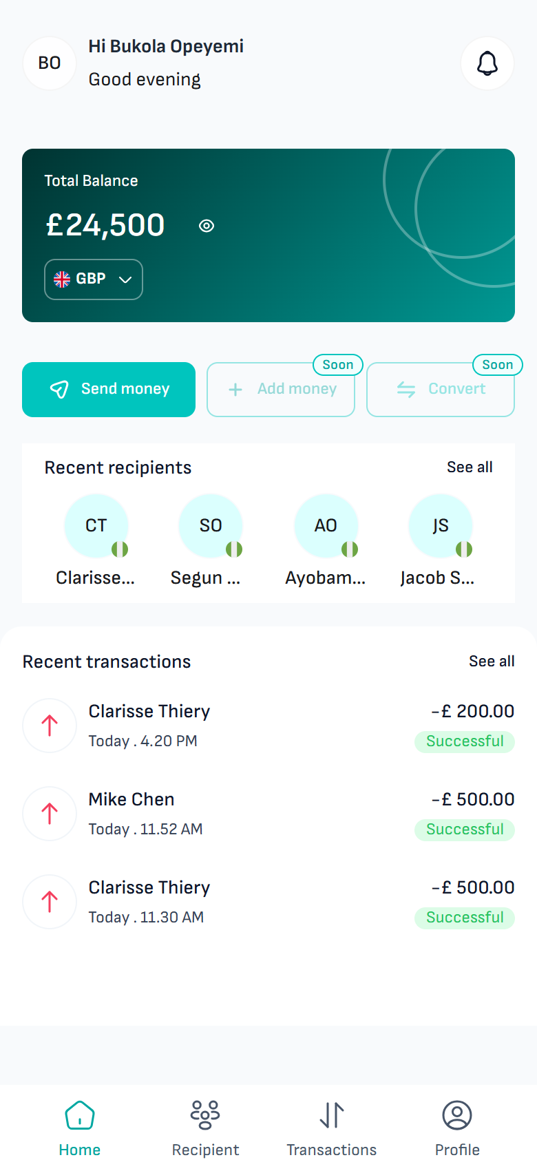 The GiffyPay home screen showing the balance, quick actions, recent recipients and recent transactions