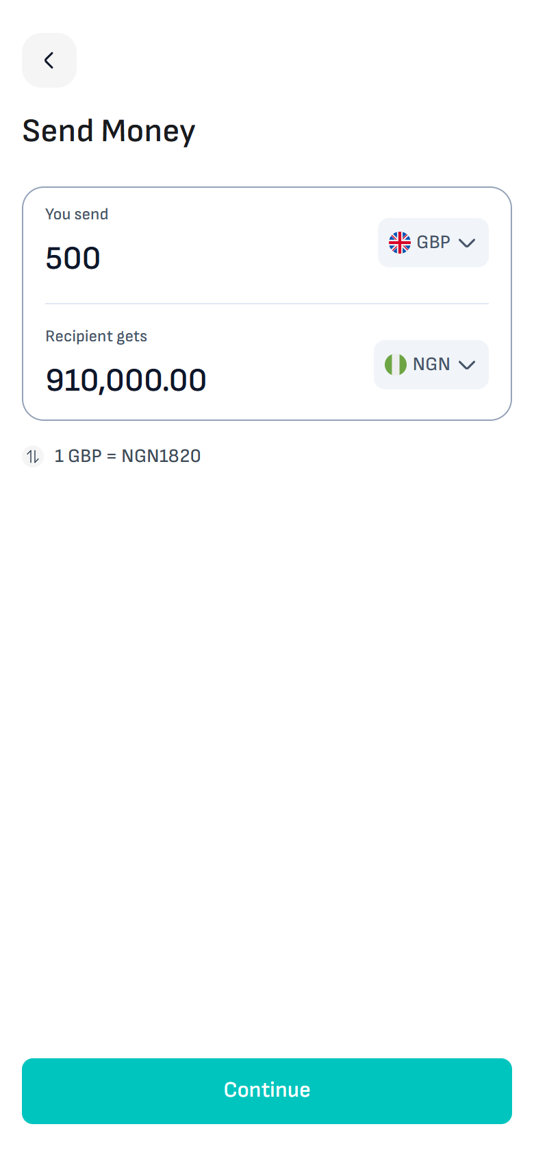 GiffyPay Send Money screen showing the amount and the live rate