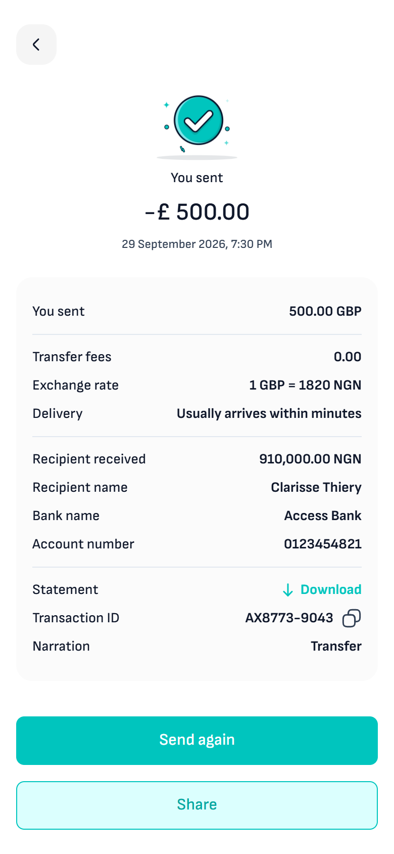GiffyPay transfer receipt with amount sent, rate, fee and delivery estimate