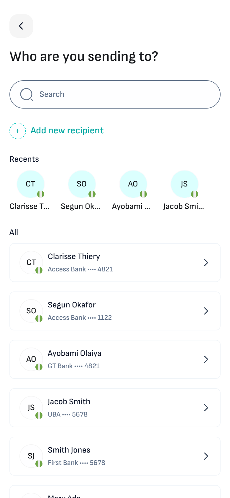 GiffyPay recipient selection screen